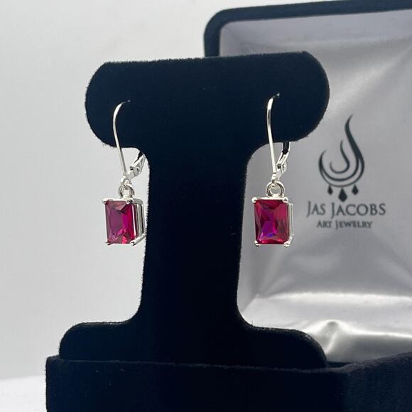 Beautiful 3.5ctw Emerald Cut Ruby Earrings in Sterling Silver - Picture 3 of 4